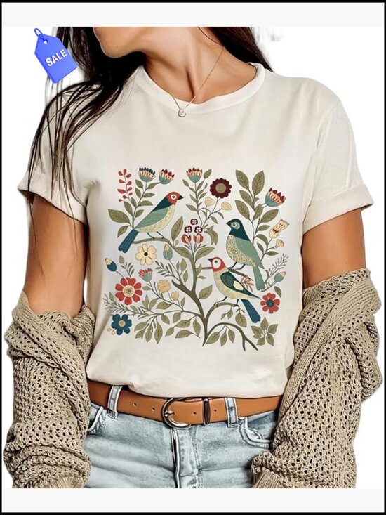 Tops - Women Boho Floral Graphic Tee Short Sleeve Crew Neck Cotton Blend T-Shirt